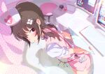 1girl absurdres arms_behind_back blurry blush bokeh brown_hair chromatic_aberration clipboard commentary_request depth_of_field flower_hairclip hair_ornament hairclip hand_on_own_arm hat highres holding holding_clipboard indoors kono_subarashii_sekai_ni_shukufuku_wo! looking_at_viewer megumin monitor nazonaji nurse nurse_cap red_hair reflection short_sleeves 