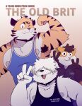 5_fingers anthro armpit_hair biceps black_clothing black_shirt black_stripes black_topwear blue_clothing blue_shirt blue_topwear body_hair brown_hair canid canine canis caviid clothing comic cover cover_art cover_page cute_fangs domestic_dog english_text fangs felid fingers flexing flexing_bicep gesture group guinea_pig hair hair_over_eyes hand_gesture herding_dog hi_res looking_at_viewer male mammal muscular nipples old_english_sheepdog one_eye_closed orange_body pantherine pastoral_dog rodent shawn_(t0l0k) sheepdog shirt stripes t0l0k tank_top teeth text tiger topwear trio tyler_(t0l0k) v_sign whiskers white_body white_hair wink