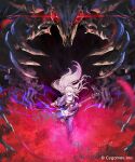  1girl adahime_(shadowverse) akefumi black_hairband commentary_request copyright_notice floating_hair flower full_body guitar hairband highres holding holding_guitar holding_instrument instrument looking_at_viewer official_art red_flower shadowverse shadowverse:_worlds_beyond skirt solo spider_lily white_hair 