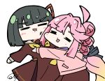  2girls :3 :d =_= absurdres anyoji_hime black_ribbon blonde_hair blunt_bangs blunt_ends bob_cut brown_dress chibi chibi_only closed_eyes commentary dress forced_hug gradient_hair grey_hair hair_ribbon hasu_no_sora_school_uniform highres hood hood_down hooded_jacket hug jacket long_sleeves love_live! love_live!_hasu_no_sora_jogakuin_school_idol_club medium_dress momose_ginko multi-tied_hair multicolored_hair multiple_girls neckerchief oofushi_ao open_clothes open_jacket open_mouth pink_hair pink_jacket pleated_dress ponytail rectangular_mouth ribbon sailor_collar sailor_dress school_uniform short_hair signature simple_background smile thick_eyebrows v-shaped_eyebrows virtual_youtuber white_background white_sailor_collar winter_uniform yellow_neckerchief 