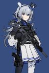  1girl asymmetrical_legwear black_gloves black_pantyhose blue_background blue_eyes blue_flower blue_hairband blue_shirt commentary_request flower gloves grey_hair gun hair_between_eyes hairband highres holding holding_gun holding_weapon jacket long_hair long_sleeves mismatched_legwear original pantyhose pleated_skirt puffy_long_sleeves puffy_sleeves shibuki_kamone shirt signature simple_background skirt solo very_long_hair watermark weapon weapon_request white_jacket white_pantyhose white_skirt 