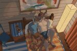 5_fingers anthro arvo_(dawn_chorus) bed bedroom boxers_(clothing) clothed clothing dawn_chorus deer duo felid fingers furniture hi_res hooves male male/male mammal monrain muscular muscular_anthro muscular_male pantherine rune_(dawn_chorus) shirtless shirtless_anthro shirtless_male sitting tiger underwear