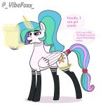 accessory clothed clothing clothing_lift cutie_mark english_text equid equine female feral footwear friendship_is_magic hair hair_accessory hair_wraps hasbro horn horse legwear mammal multicolored_hair multicolored_tail my_little_pony mythological_creature mythological_equine mythology partially_clothed princess_celestia_(mlp) simple_background socks solo speech_bubble tail telekinesis text unicorn vibefoxx white_body winged_unicorn wings wrapped_tail