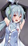  1girl ahoge aqua_gloves aqua_hair armpits arms_up baseball_uniform blush breasts cinderella_series commentary_request detached_sleeves gloves green_ribbon grey_shirt hachigatsu_no_cinderella_nine hair_ribbon highres iberiko_(soinesitai) long_hair myoujou_baseball_uniform open_mouth osaki_miyo ribbon shirt side_ponytail solo sportswear striped_clothes striped_shirt sweat sweaty_armpits upper_body vertical-striped_clothes vertical-striped_shirt 