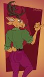 alternate_version_at_paywall anthro antlers beastars belt bottomwear brown_body brown_fur butt cervine clothing deer fur gavanzude hi_res horn looking_at_viewer louis_(beastars) male mammal pants rear_view red_deer scut_tail shirt short_tail smile solo tail topwear