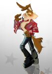anthro blush boots bottomwear canid canine canis chest_tuft clothed clothing coyote eyewear fluffy fluffy_chest footwear glasses hi_res jacket leather leather_bottomwear leather_clothing leather_pants looney_tunes male mammal one_eye_closed open_clothing open_jacket open_topwear pants platform_footwear seductive shoes solo tail theredzombieguy topwear tuft warner_brothers wile_e._coyote wink