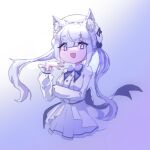  1girl animal_ear_fluff animal_ears beret black_bow blue_background bow cat_ears cat_girl chasiibles commentary dress eyelashes fang filian_(vtuber) gradient_background hat highres indie_virtual_youtuber lens_flare long_hair long_sleeves official_alternate_costume official_alternate_hairstyle open_mouth purple_eyes simple_background skin_fang smile solo twintails two-tone_background very_long_hair virtual_youtuber white_background white_dress white_hair white_hat 