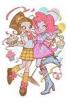  2girls \m/ ^_^ balloon blue_boots blue_jacket blush boots braces brown_hair closed_eyes collared_shirt crossover cupcake curly_hair cutie_mark cutie_mark_print eyelashes flower food footwear_flower full_body groucho_glasses hair_ornament hair_scrunchie happy heart heart_print highres holding holding_microphone_stand jacket knee_blush knee_boots kneehighs loafers looking_at_another luan_loud microphone_stand multiple_girls my_little_pony my_little_pony:_equestria_girls my_little_pony:_friendship_is_magic open_mouth pink_hair pink_skirt pinkie_pie pinkie_pie_(equestria_girls) ponytail scrunchie shirt shoes skirt sleeveless sleeveless_shirt socks standing standing_on_one_leg striped_clothes striped_socks the_loud_house uchikaze unworn_eyewear vertical-striped_clothes vertical-striped_socks white_background white_shirt yellow_scrunchie yellow_skirt yellow_socks 
