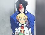  2boys bal09853549800 black_choker black_hair blonde_hair blue_jacket burn_scar camera choker commentary_request cyberpunk:_edgerunners cyberpunk:_edgerunners_2 cyberpunk_(series) d_(cyberpunk) earrings eyebrow_cut green_eyes head_on_head head_rest holding holding_camera jacket jewelry long_sleeves male_focus multiple_boys open_clothes open_jacket open_mouth parted_bangs red_shirt roman_carax scar scar_on_face shirt short_hair sweatdrop white_jacket 