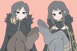 2girls absurdres asymmetrical_hair binah_(project_moon) black_cape black_coat black_dress black_eyes black_hair black_pantyhose blonde_hair breasts cape closed_mouth coat commentary crossed_arms crossed_legs dress earrings english_commentary eyelashes feet foot_focus foreshortening fur-trimmed_cape fur-trimmed_coat fur_trim gold_trim grey_pantyhose highres jewelry legs library_of_ruina lobotomy_corporation looking_at_viewer medium_hair mole mole_under_eye moona_izumi multicolored_hair multiple_girls multiple_rings no_shoes pantyhose pink_background presenting_foot project_moon ring ring_on_every_finger short_hair sidelocks simple_background single_earring sitting smile smug soles streaked_hair toes zena_(project_moon) 
