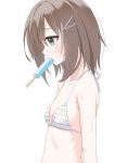  1girl absurdres alternate_costume bare_shoulders bikini blush breasts brown_hair collarbone commentary food food_in_mouth from_side green_eyes hair_between_eyes hair_ornament hairclip halterneck highres looking_down mamiya_hasaki medium_hair melani_e parallel_hairclips popsicle popsicle_in_mouth profile simple_background small_breasts solo striped_bikini striped_clothes subarashiki_hibi sweat swimsuit upper_body white_background 