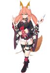  1girl absurdres alternate_costume animal_ear_fluff animal_ears black_boots black_kimono blue_archive blush boots brown_eyes closed_mouth commentary cosplay fate/grand_order fate_(series) fishnet_thighhighs fishnets fox_ears fox_girl fox_mask fox_tail grey_sailor_collar high_heel_boots high_heels highres holding holding_mask japanese_clothes kimono kneehighs long_hair looking_at_viewer mask miniskirt pink_hair pink_socks pleated_skirt sailor_collar saitou_chiwa side_slit single_kneehigh single_sock single_thighhigh skirt smile socks solo tail tamamo_no_mae_(fate) theinventordan thigh_strap thighhighs twintails voice_actor_connection wakamo_(blue_archive) wakamo_(blue_archive)_(cosplay) white_skirt 