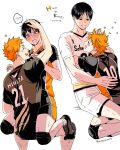  4boys age_difference black_hair blush commentary_request embarrassed face-to-face figure_four_sitting haikyuu!! hand_on_another's_head heart hinata_shouyou kageyama_tobio karasuno_volleyball_uniform knee_pads male_focus msby_black_jackals_volleyball_uniform multiple_boys orange_hair oseo pairing_name schweiden_volleyball_uniform short_hair shorts simple_background sitting sportswear time_paradox twitter_username volleyball_uniform white_background yaoi 