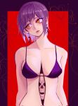  1girl bra breasts caruki26 chainsaw_man closed_mouth commentary death_devil_(chainsaw_man) ear_piercing earrings english_commentary fami_(chainsaw_man) head_tilt highres jewelry mole mole_under_eye mole_under_mouth multiple_moles multiple_moles_under_one_eye orange_eyes piercing purple_bra purple_hair ringed_eyes simple_background skull solo underwear 