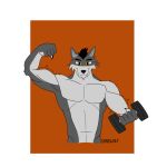 1:1 5_fingers anthro arm_tuft biceptember black_eyebrows canid canine canis claws danewolf_(artist) dumbbell elbow_tuft eyebrows fangs fingers flexing flexing_bicep forearm_muscles fur grey_body grey_fur hair hi_res male mammal muscular muscular_anthro muscular_male pecs shoulder_tuft smile smiling_at_viewer teeth tuft weights wolf