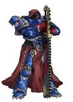  1boy absurdres adeptus_astartes armor blue_armor chainsword chaos_space_marine commentary ebonyxh english_commentary full_armor full_body highres holding holding_sword holding_weapon night_lords pauldrons planted planted_sword power_armor shoulder_armor solo standing sword warhammer_40k weapon white_background 
