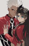  1boy 1girl absurdres archer_(fate) black_hair blue_eyes brown_eyes commentary dark-skinned_male dark_skin fate/stay_night fate_(series) fenglansishui hair_ribbon hair_slicked_back highres hug jacket long_hair long_sleeves looking_at_viewer parted_lips ribbon shirt short_hair shrug_(clothing) simple_background tohsaka_rin two_side_up upper_body white_background white_hair 