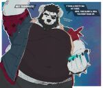 2025 absurd_res age_difference aged_up anthro bear beard belly belly_hair belly_peeking_out belt big_belly black_beard black_bottomwear black_clothing black_facial_hair black_hair black_nose black_pants black_shirt black_topwear body_hair bottomwear bracelet brown_eyes claws clothed clothing container denim denim_clothing denim_jacket denim_topwear dialogue ear_piercing english_text epic_games eye_patch eye_scar eyebrows eyewear facial_hair facial_scar flannel fortnite fur gold_piercing grey_hair greying_hair hair hairy handpaw hi_res jacket jar jewelry kerchief looking_at_viewer looking_down looking_down_at_viewer male mammal mattinqq moobs musclegut muscular nipple_outline offering_beverage older_anthro older_male overbite overweight overweight_anthro overweight_male pants pawpads paws piercing polar_bear polar_patroller scar shirt simple_background slurp_juice solo speech_bubble spiked_bracelet spikes studded_belt studs tail teeth text thick_eyebrows tight_clothing topwear ursine white_body white_fur