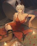  1girl absurdres ahoge alternate_costume artist_name bare_shoulders black_horns black_thighhighs breasts cleavage closed_mouth commentary_request curled_horns dress earrings grey_hair hair_between_eyes highres horns jewelry key_earrings large_breasts long_hair looking_at_viewer multicolored_hair neid_art petals red_dress red_eyes red_petals smile solo streaked_hair tail thighhighs thighs wuthering_waves zani_(wuthering_waves) 