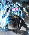  1girl absurdres animal_ears armor black_bodysuit blue_armor bodysuit commentary electricity glowing glowing_eyes highres kamen_rider kamen_rider_datt kamen_rider_my-th_(series) lightning looking_at_viewer pink_eyes purple_eyes rabbit_ears rain reiei_8 rider_belt signature slash_born_buckle solo tokusatsu 