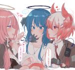  ... 3girls absurdres arknights black_gloves blue_eyes blue_hair clothes_lift commentary_request corrupted_halo cross cross_necklace demon_tail feather_hair fiammetta_(arknights) flying_sweatdrops girl_sandwich gloves halo hand_on_another's_arm hand_on_another's_face heart highres jewelry lemuen_(arknights) long_hair moatototototo05 mostima_(arknights) multicolored_hair multiple_girls necklace open_mouth pink_eyes pink_hair red_eyes red_hair sandwiched shirt shirt_lift simple_background smile speech_bubble spoken_ellipsis tail translation_request two-tone_hair white_background white_hair white_shirt yuri 