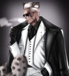  1boy animal_ears black_coat black_gloves black_shirt cigarette coat coat_on_shoulders collared_shirt colored_veins corruption cowboy_shot dog_opium gloves hand_in_pocket highres holding holding_cigarette kemonomimi_mode lapel_chain male_focus open_clothes open_coat resident_evil resident_evil_requiem shirt smoke smoke_trail smoking snow_leopard_boy snow_leopard_ears snow_leopard_tail solo sunglasses tail vest white_coat white_vest zeno_(resident_evil) 