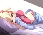  1girl bare_shoulders bikini blonde_hair blue_pants breasts commentary_request hair_ribbon highres large_breasts long_sleeves lycoris_recoil lying navel nii_manabu nishikigi_chisato on_bed on_side pants pillow pink_bikini red_eyes red_ribbon ribbon shirt short_hair solo stomach swimsuit 
