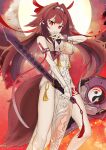 1girl absurdres animal_ears bare_shoulders bracelet breasts brown_hair chinese_clothes closed_mouth commentary cowboy_shot dress droopy_ears fox_ears fox_girl full_moon hair_ornament hairband highres holding holding_sword holding_weapon jewelry large_breasts leg_tattoo long_hair looking_at_viewer moon outdoors qipao ratemo red_eyes red_sky see-through_clothes silver_bracelet sky solo sword tail tattoo very_long_hair weapon white_hairband ye_shunguang zenless_zone_zero 