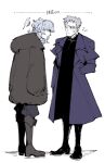  2boys ? black_coat black_pants black_shoes black_skin boots brown_boots brown_coat coat collarbone colored_skin confused fur_coat grey_hair hand_in_pocket hmfd3727 hunched_over looking_at_another male_focus medium_hair messy_hair multiple_boys nrvnqsr_chaos one_eye_closed open_clothes open_coat pale_skin pants pectorals red_eyes shoes short_hair squiggle trench_coat tsukihime tsukihime_(remake) twenty-seven_dead_apostle_ancestors vampire veiny_face vlov_arkhangel white_hair 