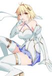  1girl antenna_hair arcueid_brunestud arm_support bare_shoulders biting biting_own_finger blonde_hair blood blood_from_mouth blood_on_hand blue_skirt boots breasts choker cleavage commentary_request crescent crescent_hair_ornament detached_sleeves fate/grand_order fate_(series) gloves gold_trim hair_between_eyes hair_ornament highres looking_at_viewer magical_girl miniskirt on_ground phantas-moon plaid_clothes plaid_skirt puffy_detached_sleeves puffy_sleeves puyo991 red_eyes short_hair sidelocks simple_background single_hair_intake skirt solo thigh_boots thighs vampire white_boots white_choker white_gloves white_sleeves 