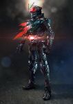  1boy adapted_costume antennae armor bug clenched_hands commentary compound_eyes fake_antennae full_armor full_body glowing glowing_eyes grasshopper helmet highres kamen_rider kamen_rider_1 kamen_rider_1_(shin) lens_flare male_focus paintedmike red_eyes rider_belt science_fiction shin_kamen_rider solo standing tokusatsu typhoon_(kamen_rider) 