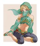  1boy arabian_clothes blue_eyes brown_hair chanosuke circlet crossdressing crossdressing_(mtf) detached_sleeves gerudo_set_(zelda) green_shoes green_sleeves green_veil harem_pants link looking_at_viewer male_focus mouth_veil navel pants shoes simple_background sitting solo sparkle the_legend_of_zelda the_legend_of_zelda:_breath_of_the_wild trap two-tone_background veil 