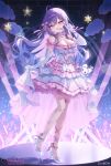  1girl :d ahoge artist_name asymmetrical_legwear bare_shoulders blush braid breasts choker cleavage colored_inner_hair commentary copyright_name copyright_notice dress elbow_gloves eye_contact frilled_choker frilled_dress frilled_thigh_strap frills gloves glowstick hair_ornament hair_ribbon headset high-low_dress high_heels highres holding_own_dress idol_clothes jewelry large_breasts leg_ribbon long_hair looking_at_another looking_at_viewer mismatched_legwear multicolored_hair necklace official_alternate_costume official_art penlight_(glowstick) pink_dress pink_ribbon purple_hair re;bon ribbon shoes shu_bii smile solo standing star_(symbol) star_hair_ornament thigh_strap tsukimi_hitoka twitter_username virtual_youtuber white_background white_shoes yellow_eyes 
