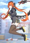  1girl 1other absurdres asymmetrical_gloves black_hat black_horns blue_sky breasts cloud cloudy_sky commentary_request curled_horns day dragon_girl dragon_horns fingerless_gloves gloves green_eyes hair_between_eyes hat highres holding holding_knife holding_weapon horns jumping kars knife large_breasts long_hair looking_at_another magus_(zenless_zone_zero) mechanical_horns mechanical_tail mismatched_gloves open_mouth orange_hair orange_pupils orphie_magnusson outdoors pointy_ears single_fingerless_glove sky tail thighhighs twintails weapon yellow_gloves zenless_zone_zero 
