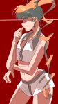  1girl absurdres biscuit_krueger biting blonde_hair blue_eyes chinese_commentary collared_shirt commentary_request contrapposto crop_top cross cross_earrings drill_hair earrings from_side grey_trim hair_ribbon hand_up highres hunter_x_hunter jewelry leolovelyo long_hair looking_at_viewer midriff multiple_earrings nail_biting navel profile red_background red_lips ribbon shirt short_shorts shorts sideways_glance solo twintails very_long_hair white_shirt white_shorts 