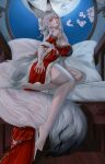  1girl absurdres animal_ear_fluff animal_ears arm_tattoo backless_dress backless_outfit barefoot breasts closed_mouth commentary_request dress feet forehead_tattoo fox_ears fox_girl fox_tail from_side full_body hair_ornament hand_up highres hsin_(wuthering_waves) indoors large_breasts large_tail long_hair looking_at_viewer looking_to_the_side moon nail_polish night orange_eyes pillow smile solo tail tattoo toenail_polish toenails toes turning_head variant_set white_hair wuthering_waves yuzuriha_(pixiv_14248010) 
