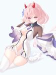  1girl absurdres azur_lane braid breasts center_opening closed_mouth commentary_request detached_sleeves hair_ribbon highres horns i-14_(azur_lane) long_hair looking_at_viewer low_twintails medium_breasts mugimogu11 navel pink_hair purple_eyes red_horns ribbon simple_background solo stomach thigh_gap thighhighs twintails white_background white_ribbon white_thighhighs 