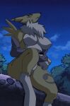 anthro arm_tuft athletic athletic_female bandai_namco big_breasts big_butt black_claws black_lips black_nose black_sclera blue_background blue_eyes breasts butt cheek_tuft chest_tuft claws cloud colored countershading curvy_figure deltoids digimon digimon_(species) eyebrows eyelashes facial_tuft female fur galatic_art hi_res leaf lips long_ears looking_aside looking_up makeup neck_tuft night nipple_outline outside park plant pose renamon sagging_breasts shaded shoulder_tuft simple_background sitting solo star thick_thighs third-party_edit tree tuft white_body white_countershading white_fur wide_hips yellow_body yellow_fur
