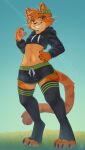 2026 4_toes absurd_res anthro athletic_wear black_bottomwear black_clothing black_topwear bottomwear claws clothing crop_top cropped_hoodie dolphin_shorts domestic_cat feet felid feline felis femboy fingers fur grass gym_bottomwear gym_shorts hi_res hoodie jinxit leg_warmers legwear looking_at_viewer male male_anthro mammal midriff orange_body orange_fur pawpads paws plant shirt shorts smile smiling_at_viewer solo sportswear stripes tail thigh_highs toes topwear whiskers