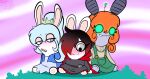 17:9 2025 absurd_res alternate_species antenna_wire anthro bangs big_eyes black_clothing black_dress black_hair blue_clothing blue_eyes blue_hair blue_shirt blue_topwear blush blush_lines blushing_profusely bottomwear buckteeth button_(fastener) carbonated-jem cel_shading closed_smile clothed clothed_anthro clothed_female clothing colored crossover crown digital_drawing_(artwork) digital_media_(artwork) dress empty_eyes english_description eye_through_hair eyebrow_through_hair eyebrows eyelashes eyelashes_through_hair eyes_mostly_closed featureless_hands featureless_legs female female_anthro freckled_face freckles fur furrification furrowed_eyebrows glowing glowing_eyes grass green_clothing green_overalls green_sclera grey_body grey_eyes group hair hair_over_eye headgear hi_res highlights_(coloring) lagomorph larger_anthro larger_female long_ears looking_down machine mammal monotone_hair mouth_closed multicolored_hair narrowed_eyes no_pupils noseless open_clothing open_mouth open_shirt open_topwear orange_hair overalls pants penny_polendina pink_sky plant pockets ponytail pupils rabbid rabbidification raving_rabbids rayman_(series) red_highlights robot robot_anthro rooster_teeth ruby_rose rwby shaded shirt short_hair signature sitting sitting_on_ground size_difference sky smaller_anthro smaller_female smile tan_bottomwear tan_clothing tan_eyelids tan_inner_ear tan_pants tan_shirt tan_topwear teeth thin_eyebrows topwear translucent translucent_hair trio two_tone_hair ubisoft wavy_hair weiss_schnee white_body white_fur white_sclera