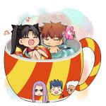  1boy 1girl aoyama_(bigblueegg) archer_(fate) bikini black_ribbon brown_hair closed_eyes commentary_request cu_chulainn_(fate) cu_chulainn_(fate/stay_night) cu_chulainn_(lancer)_(fate) emiya_shirou fate/hollow_ataraxia fate_(series) hair_ribbon innertube medusa_(fate) medusa_(rider)_(fate) musical_note open_mouth red_bikini ribbon swim_ring swimsuit tohsaka_rin 
