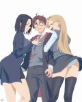 1boy 2girls absurdres artist_logo black_hair black_nails black_pants black_skirt black_thighhighs blonde_hair breasts brown_hair commentary cowboy_shot diagonal-striped_clothes diagonal-striped_necktie genderswap genderswap_(mtf) glasses green_eyes grey_sweater grey_sweater_vest grey_vest half-closed_eyes harry_potter harry_potter_(series) highres hogwarts_school_uniform keihh kneepits large_breasts logo long_hair looking_at_another malfoid multiple_girls nail_polish necktie open_mouth panties pants pleated_skirt red_necktie round_eyewear school_uniform severus_snape_(redteneri) shirt short_hair simple_background skirt standing striped_clothes striped_necktie sweater sweater_vest thighhighs thighs underwear v-shaped_eyebrows v-shaped_eyes vest white_background white_panties white_shirt wizarding_world yellow_nails 