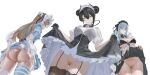  3girls absurdres agent_(girls'_frontline) agent_(girls'_frontline_2) animal_ears apron ass asymmetrical_legwear bikini black_dress black_gloves black_hair black_thighhighs blue_hair bow breasts brown_hair cleavage commentary double_bun dress facial_mark frills garter_straps girls'_frontline girls'_frontline_2:_exilium gloves green_eyes hair_between_eyes hair_bun hair_ornament highres hk416_(girls'_frontline) klukai_(girls'_frontline_2) klukai_(immaculate_service)_(girls'_frontline_2) large_breasts leva_(down_the_fox's_burrow)_(girls'_frontline_2) leva_(girls'_frontline_2) long_hair looking_at_viewer maid maid_bikini maid_headdress mismatched_legwear multiple_girls official_alternate_costume rabbit_ears sangvis_ferri see-through_clothes see-through_shirt shirt striped_clothes striped_thighhighs swimsuit teardrop_facial_mark thighhighs thighs ump45_(girls'_frontline) unconventional_maid untranslatable_commentary very_long_hair white_background xiao_longxia_mianbao yellow_eyes 