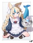  1girl :3 absurdres animal_ear_fluff animal_ears apron blonde_hair blue_dress blue_eyes blunt_bangs bonnet boots boppin braid brown_boots brown_gloves cat_ears commission cup dress drink_carton english_commentary fins fish_hair_ornament fish_tail frilled_apron frills full_body gloves hair_flaps hair_ornament highres holding holding_tray indie_virtual_youtuber long_hair looking_at_viewer low_twin_braids milk_carton official_alternate_costume paid_reward_available sameko_saba sameko_saba_(winter_dress) shark_tail sidelocks simple_background solo squatting tail tea teacup tongue tongue_out tray twin_braids variant_set very_long_hair virtual_youtuber white_apron white_background white_bonnet 