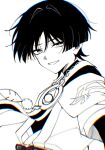  1boy arm_at_side bishounen blunt_ends bodysuit bow chromatic_aberration feathered_wings gem genshin_impact greyscale hair_intakes half-closed_eyes highres japanese_clothes kimono looking_at_viewer male_focus monochrome open_clothes open_kimono open_mouth pom_pom_(clothes) portrait ringed_eyes scaramouche_(genshin_impact) short_sleeves side_cape solo tokiwa_seiyaku tsurime wanderer_(genshin_impact) white_background wings wispy_bangs wolf_cut 