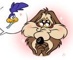 absurd_res anthro avian bird blush canid canine canis coyote cuculiform duo feral hands_together heart_symbol hi_res looney_tunes male male/male mammal marieevi new_world_ground_cuckoo pleading_eyes road_runner_(looney_tunes) roadrunner sparkles sparkling_eyes warner_brothers wile_e._coyote yellow_sclera