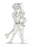 2026 anthro baron_engel belt belt_buckle buckle chip_'n_dale_rescue_rangers clothing disney eyewear eyewear_on_head female footwear fur gadget_hackwrench goggles goggles_on_head hair hand_on_hip hi_res holding_object holding_tool holding_wrench mammal mouse mouth_closed murid murine oil_stain overalls pose rodent shoes signature smile solo stain stained_clothing standing tail tools wrench