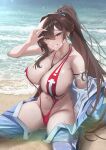  1girl absurdres animal_costume arm_strap bare_shoulders beach bird_costume blush breasts brown_eyes brown_hair cleavage commentary_request goddess_of_victory:_nikke hair_ornament highres huge_breasts jewelry lifeguard long_hair looking_at_viewer marciana_(marine_study)_(nikke) marciana_(nikke) navel navel_piercing necklace necklace_between_breasts ocean official_alternate_costume onesie open_clothes open_onesie outdoors penguin_costume penguin_earrings penguin_hair_ornament penguin_ornament piercing ponytail red_slingshot_swimsuit sand_on_skin slingshot_swimsuit solo swimsuit very_long_hair vitotraps walkie-talkie water wet 