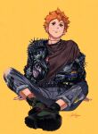  1boy alternate_costume arm_support barbell_piercing belt black_belt black_jacket black_shoes brown_eyes brown_shirt closed_mouth commentary denim ear_piercing earrings eyebrow_piercing face_piercing full_body haikyuu!! highres hinata_shouyou industrial_piercing jacket jeans jewelry leather leather_jacket littleskrib looking_at_viewer male_focus multiple_necklaces necklace orange_hair pants piercing shirt shoe_soles shoes sitting solo spiked_jacket straight-on t-shirt torn_clothes torn_pants yellow_background 