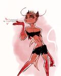 anthro bottomwear canid canine clothed clothing digital_media_(artwork) female flat_chested flirting fluttershythekind french_text fur hi_res madeline_gevaudan mammal mohawk mythological_canine mythological_creature mythology narrowed_eyes seductive shorts simple_background smile solo standing tail text topwear werecanid werecanine werecreature werewolf